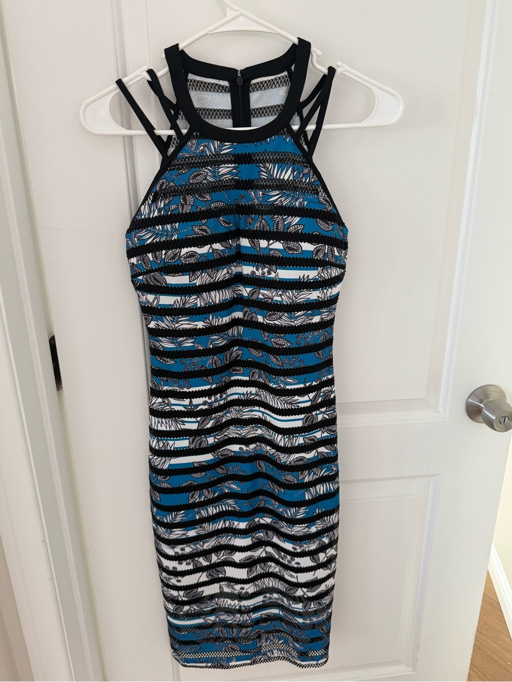 Guess Strappy Halter Midi Dress in Blue, Black & White